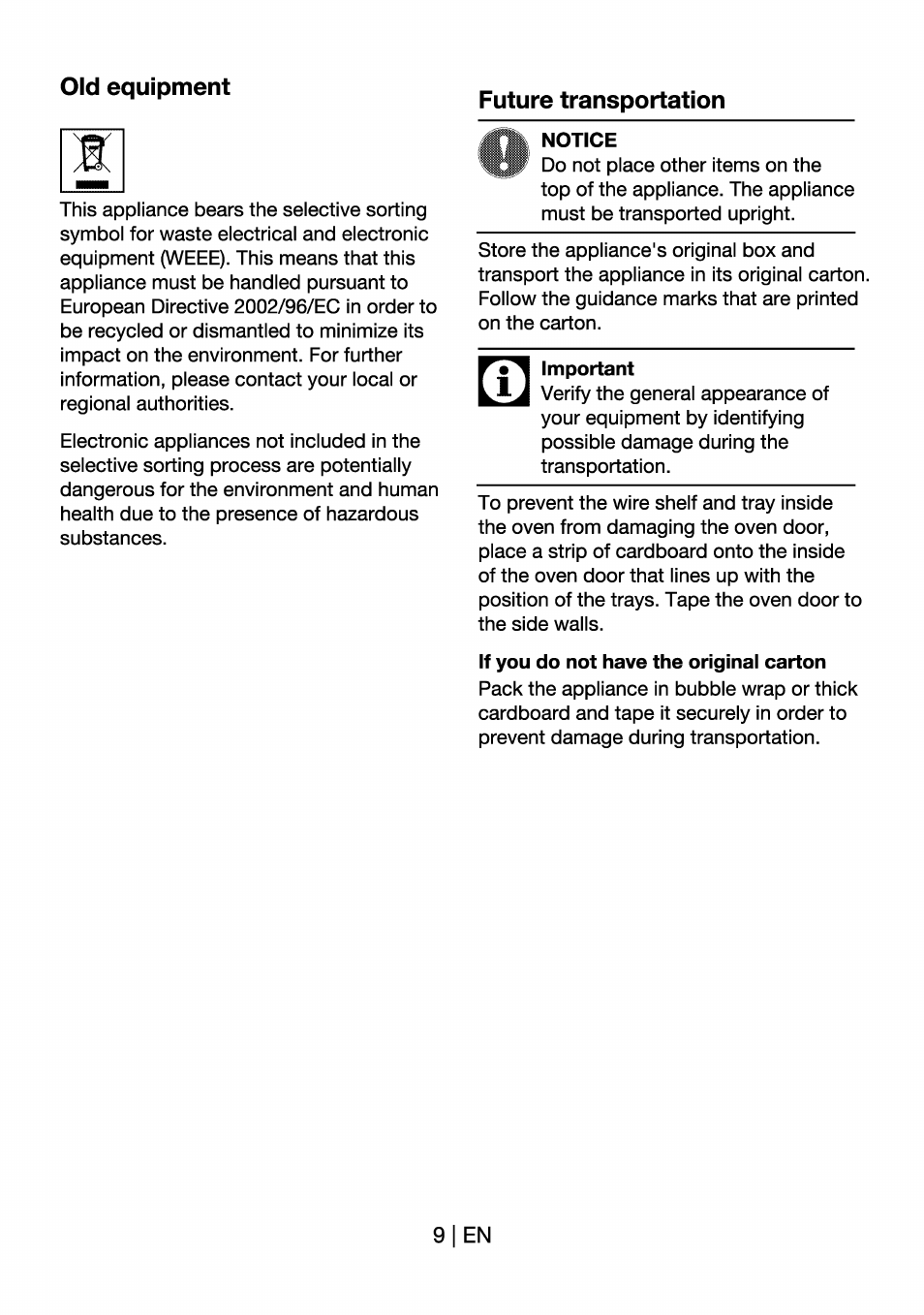 Future transportation, Notice, Important | If you do not have the original carton | Beko OIM 22301 X User Manual | Page 9 / 75