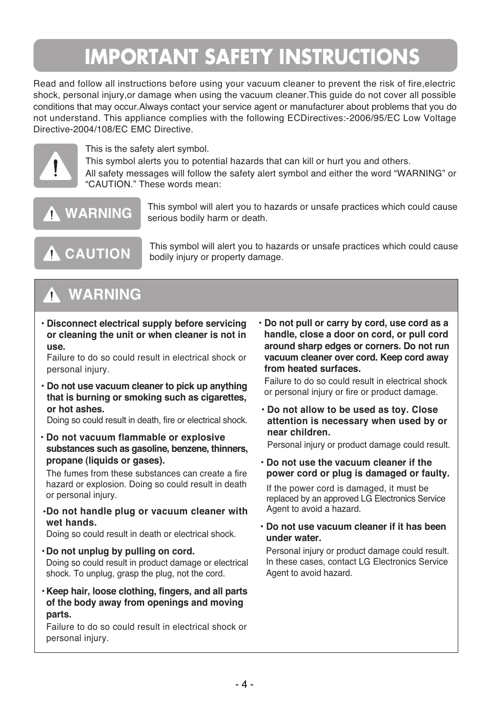 Important safety instructions, Warning, Warning caution | LG VC30141N User Manual | Page 5 / 17