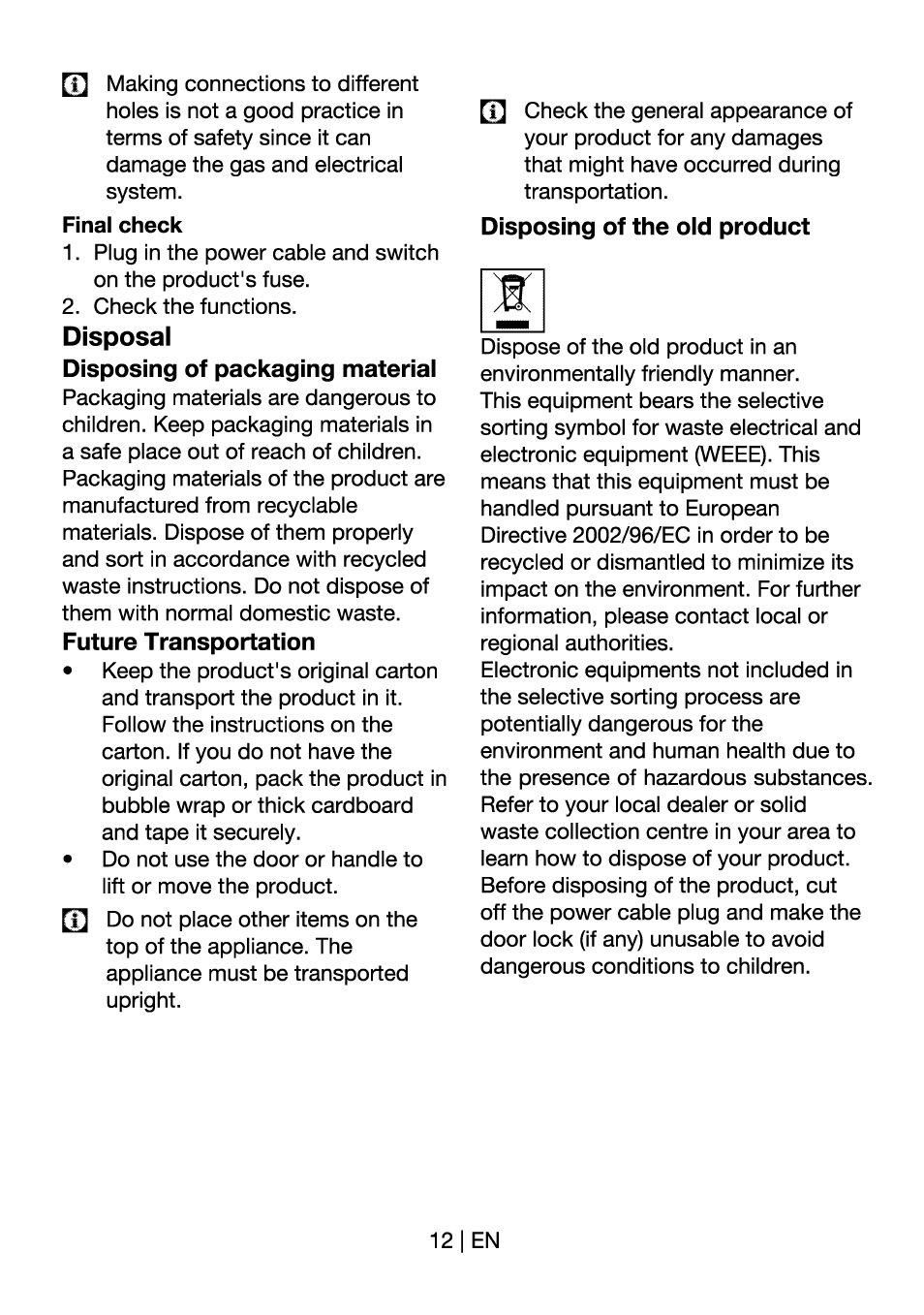 Final check, Disposal | Beko HII 64400 AT User Manual | Page 12 / 76