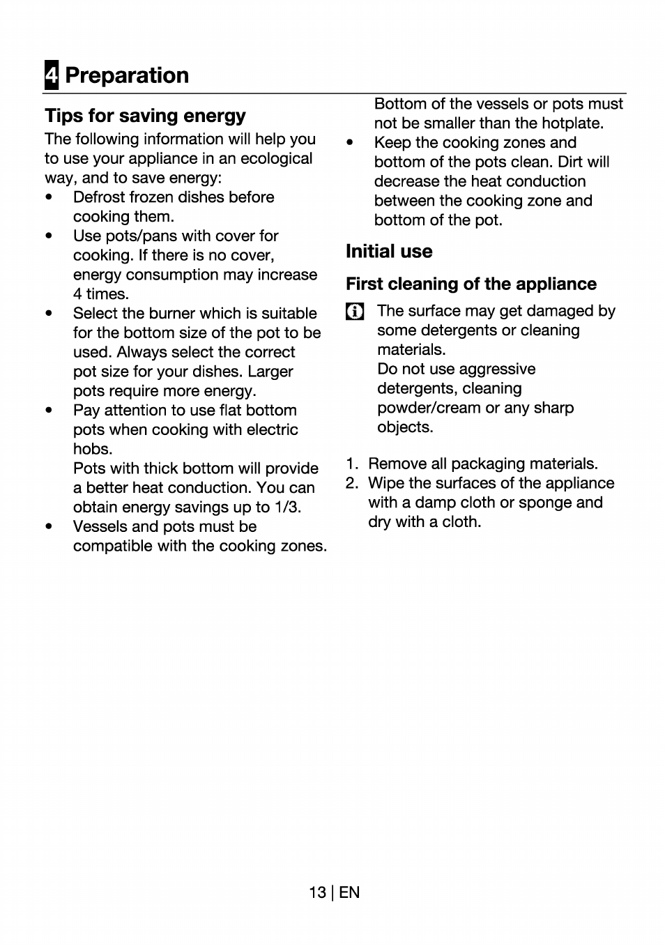 Q preparation, Tips for saving energy, Initial use | Q preparation tips for saving energy | Beko HII 64400 AT User Manual | Page 13 / 76