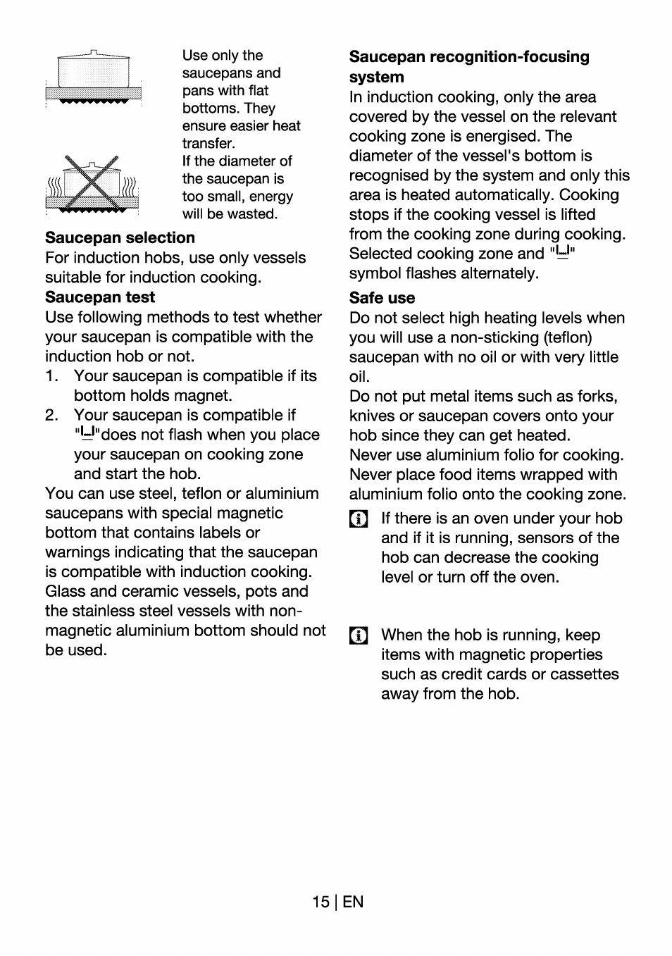 Saucepan recognition-focusing system | Beko HII 64400 AT User Manual | Page 15 / 76