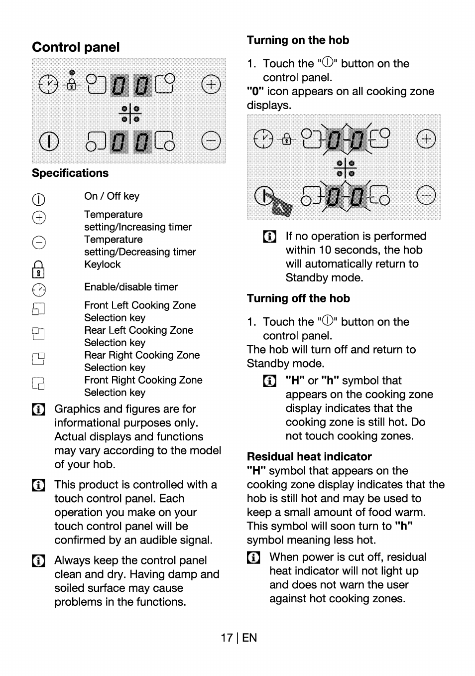 Specifications, Residuai heat indicator, Control panel | Beko HII 64400 AT User Manual | Page 17 / 76