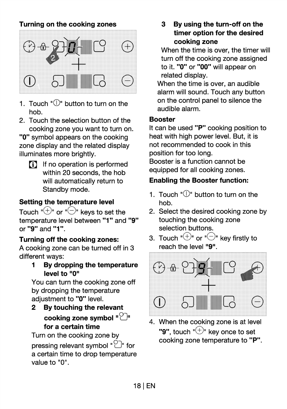 1 by dropping the temperature ievei to "0, 2 by touching the relevant, Booster | Beko HII 64400 AT User Manual | Page 18 / 76