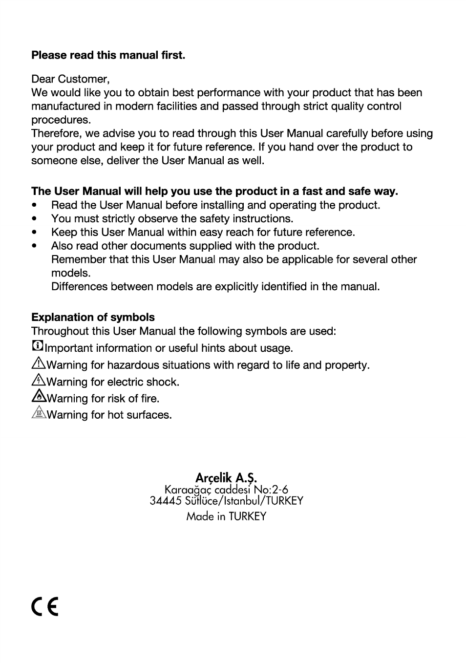 Please read this manual first, Arcelik a | Beko HII 64400 AT User Manual | Page 2 / 76