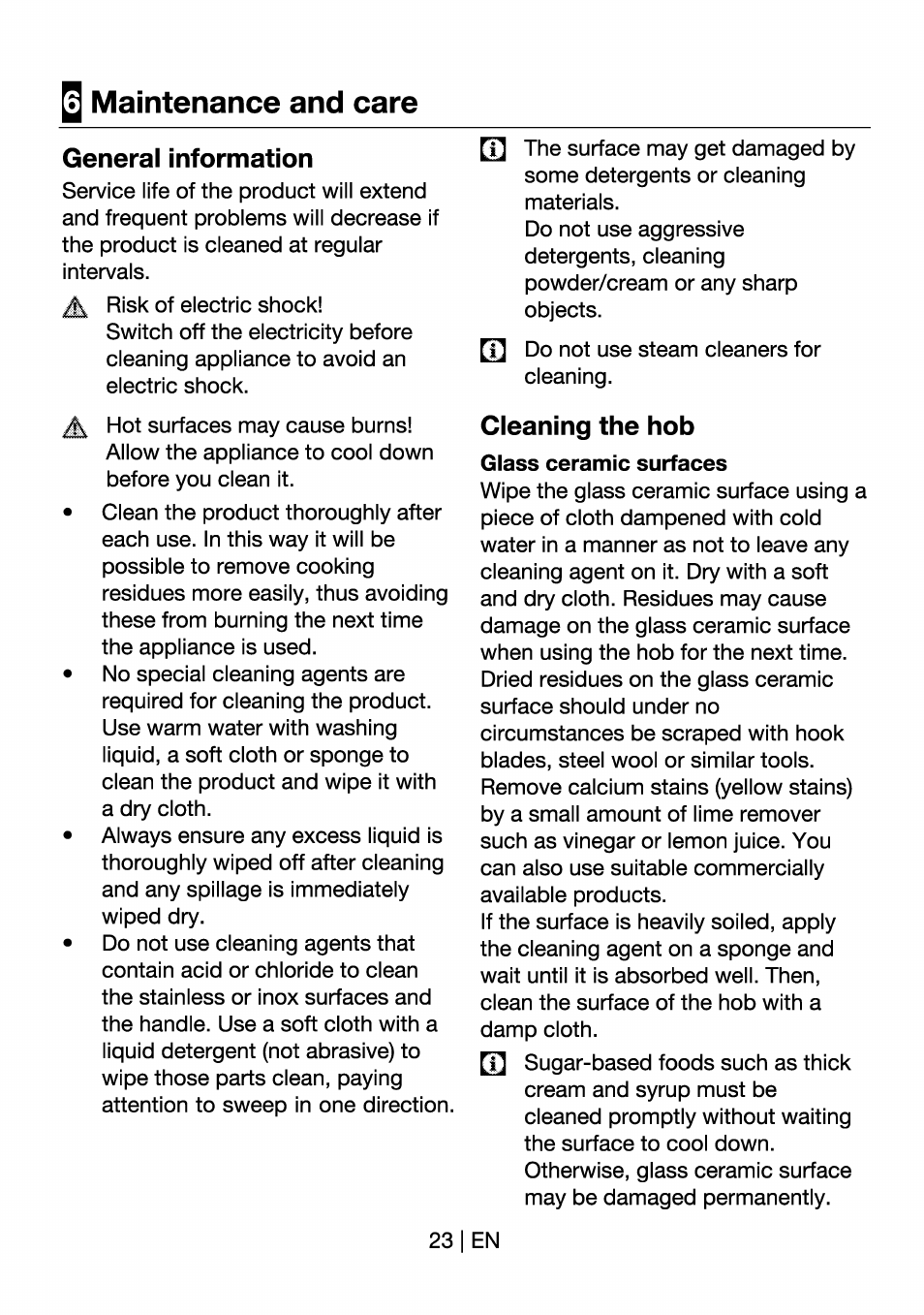 Maintenance and care, General information, Cleaning the hob | Glass ceramic surfaces, General information cleaning the hob | Beko HII 64400 AT User Manual | Page 23 / 76