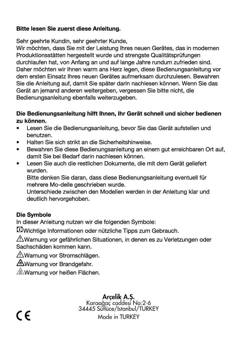 Bitte lesen sie zuerst diese anleitung, Die symbole, Ar^elik a.ß | Beko HII 64400 AT User Manual | Page 26 / 76