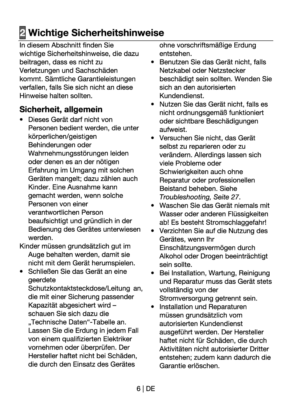 Wichtige sicherheitshinweise, Sicherheit, ailgemein | Beko HII 64400 AT User Manual | Page 30 / 76