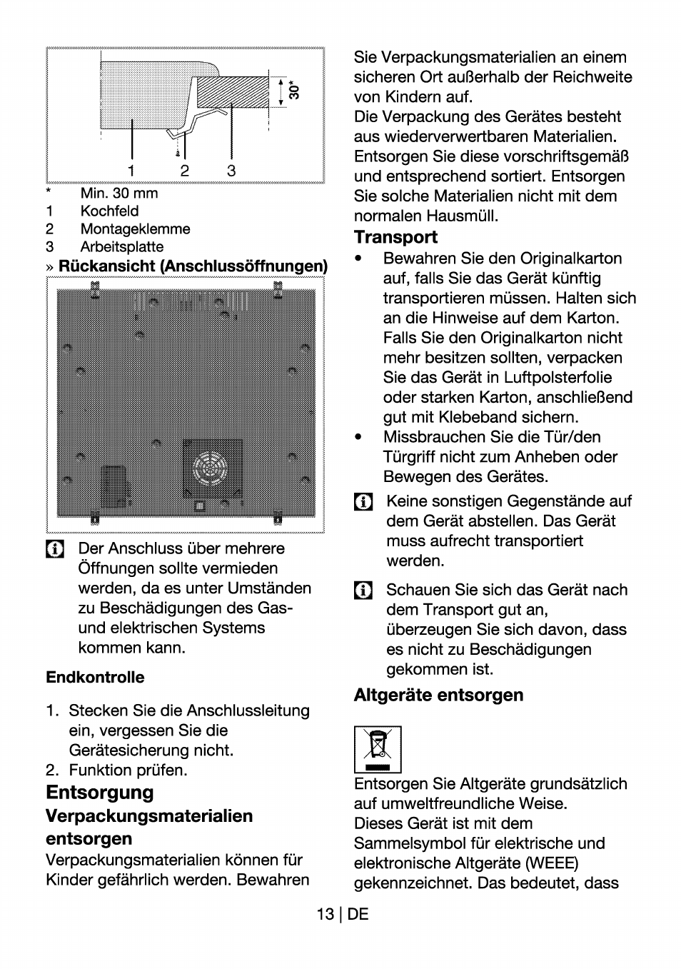 Endkontrolle, Entsorgung, Entsorgung verpackungsmaterialien entsorgen | Transport, Altgeräte entsorgen | Beko HII 64400 AT User Manual | Page 37 / 76