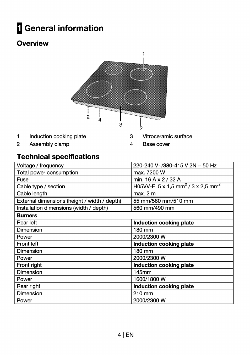 Q general information, Overview, Technical specifications | Beko HII 64400 AT User Manual | Page 4 / 76