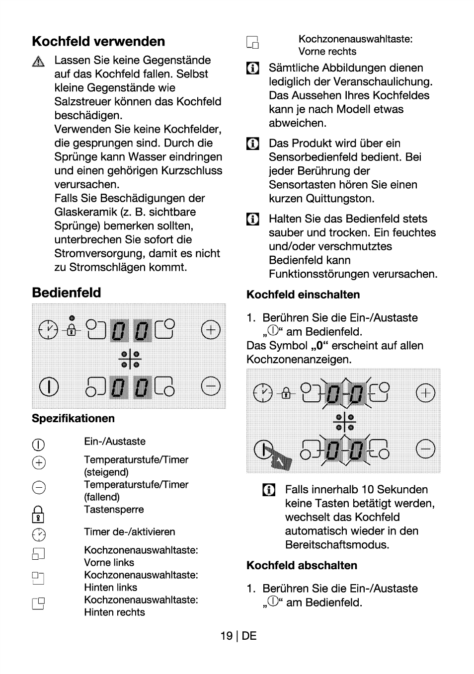 Kochfeld verwenden, Bedienfeld, Spezifikationen | Kochfeld einschalten, Kochfeld abschalten, Kochfeld verwenden bedienfeld, Sd11c3 0, 4qbhcs, Cg r | Beko HII 64400 AT User Manual | Page 43 / 76