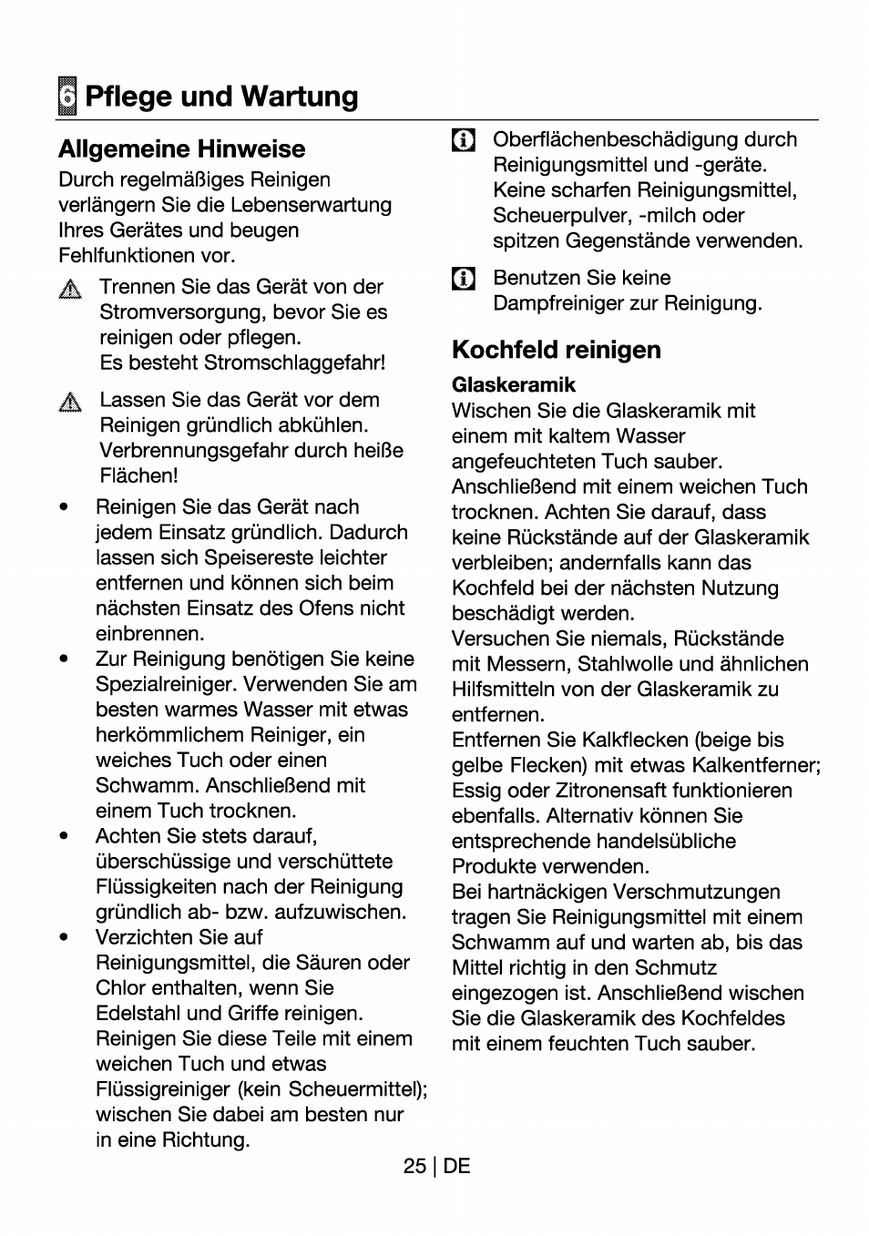 Pflege und wartung, Allgemeine hinweise, Kochfeld reinigen | Glaskeramik | Beko HII 64400 AT User Manual | Page 49 / 76