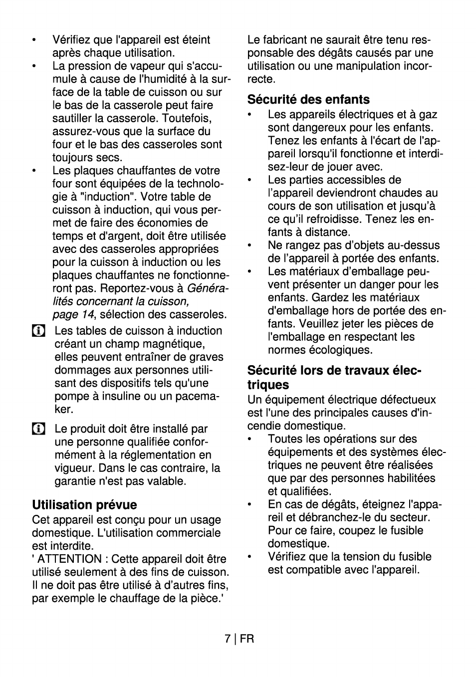 Utilisation prévue, Sécurité des enfants, Sécurité iors de travaux éiec- triques | Beko HII 64400 AT User Manual | Page 57 / 76