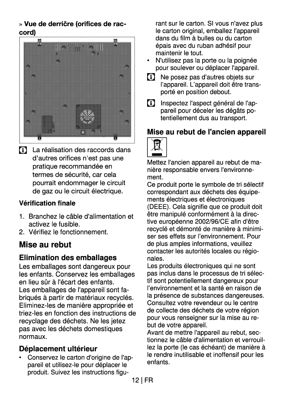 Vérification finale, Mise au rebut, Elimination des emballages | Déplacement ultérieur, Mise au rebut de l'ancien appareil, Mise au rebut elimination des emballages | Beko HII 64400 AT User Manual | Page 62 / 76