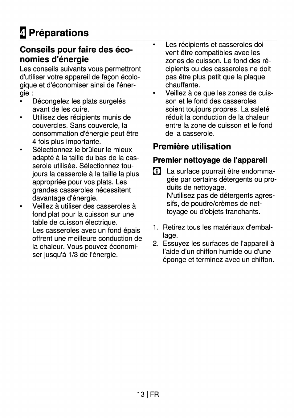 Q préparations, Conseils pour faire des économies d'énergie, Première utilisation | Premier nettoyage de l'appareil, Conseils pour faire des éco­ nomies d'énergie | Beko HII 64400 AT User Manual | Page 63 / 76