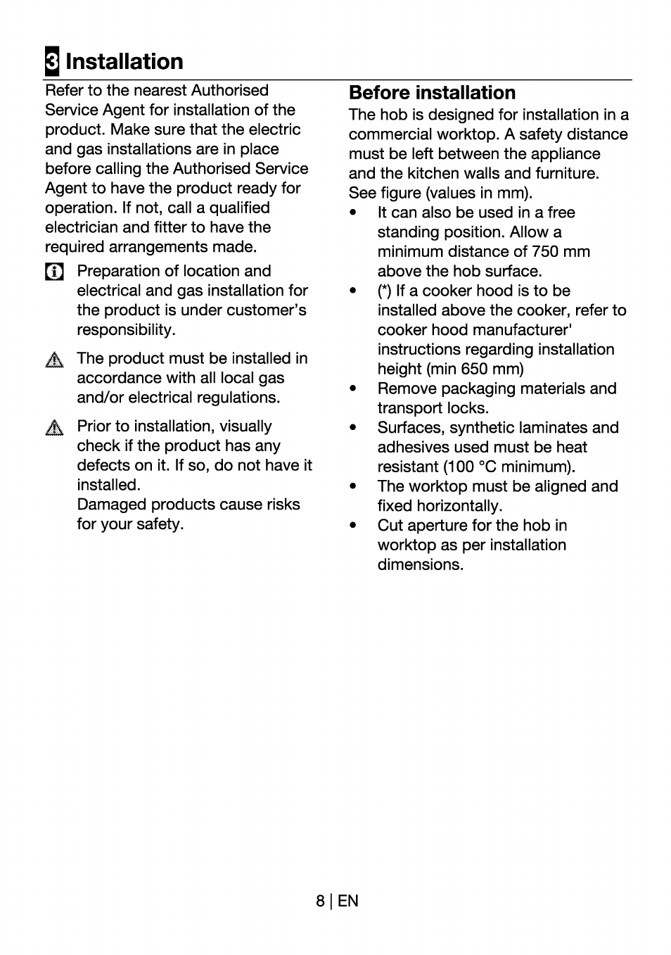 Installation, Before installation | Beko HII 64400 AT User Manual | Page 8 / 76