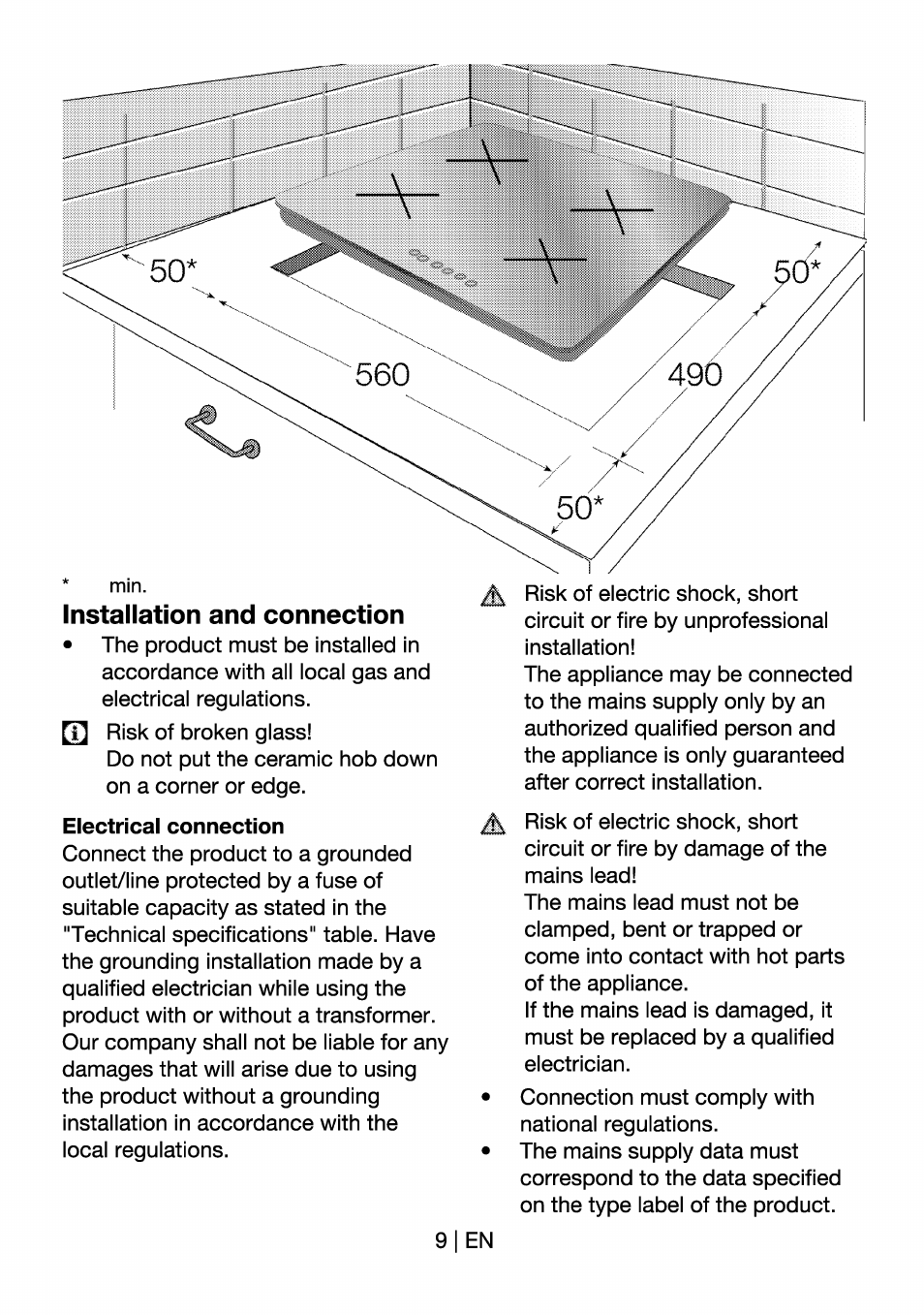 Installation and connection, Electrical connection | Beko HII 64400 AT User Manual | Page 9 / 76
