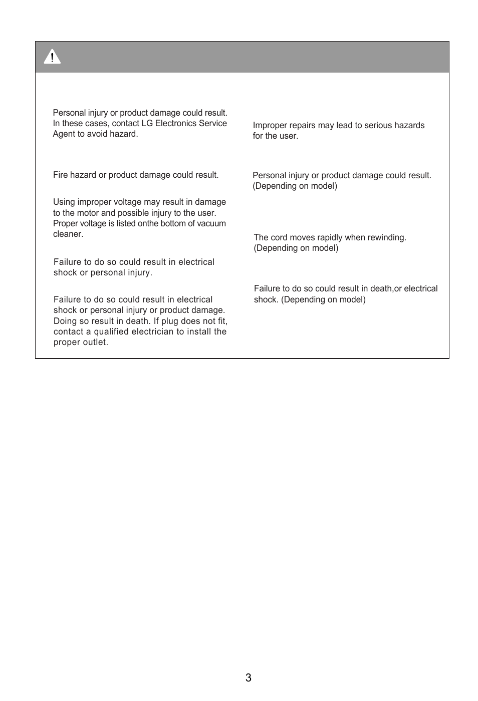 Warning | LG VC39101HU User Manual | Page 4 / 29
