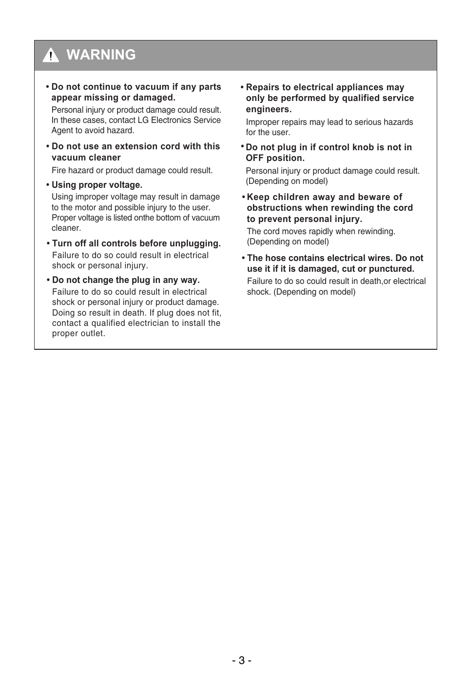 Warning | LG VC39103HQ User Manual | Page 4 / 29