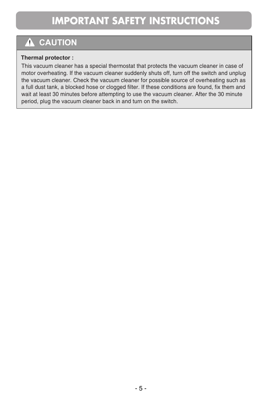 Important safety instructions, Caution | LG VC39103HQ User Manual | Page 6 / 29