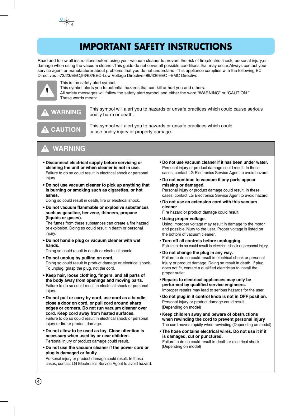 Important safety instructions, Warning, Caution | LG VC6718HU User Manual | Page 5 / 21