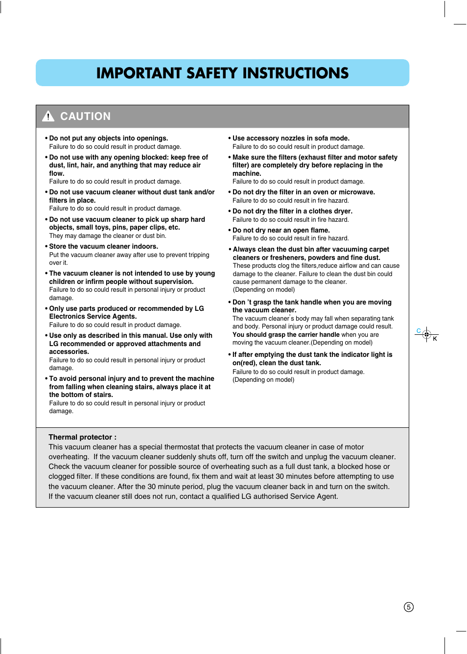 Important safety instructions, Caution | LG VC6718HU User Manual | Page 6 / 21