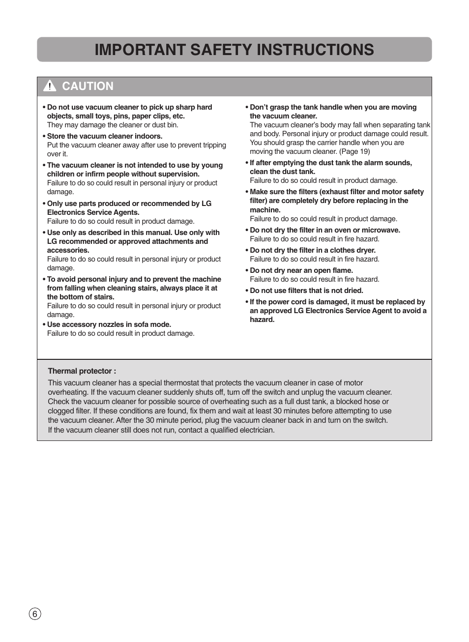Important safety instructions, Caution | LG VK89183H User Manual | Page 7 / 29