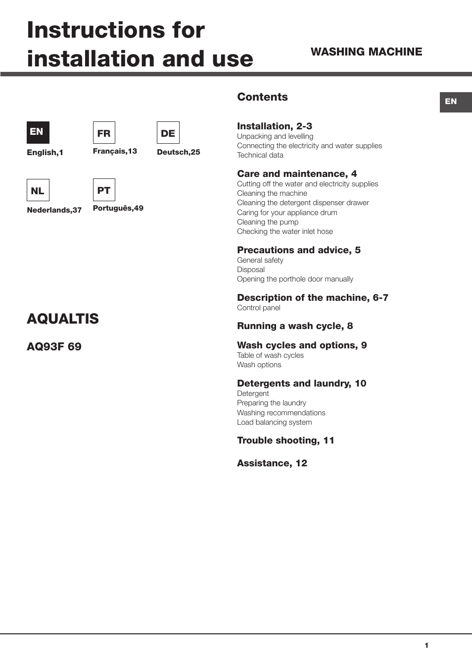 Hotpoint Ariston Aqualtis AQ93F 69 EU User Manual | 60 pages