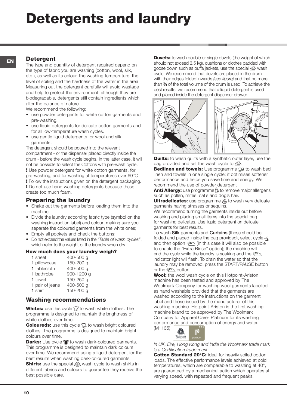 Detergents and laundry, Detergent, Preparing the laundry | Washing recommendations | Hotpoint Ariston Aqualtis AQ93F 69 EU User Manual | Page 10 / 60