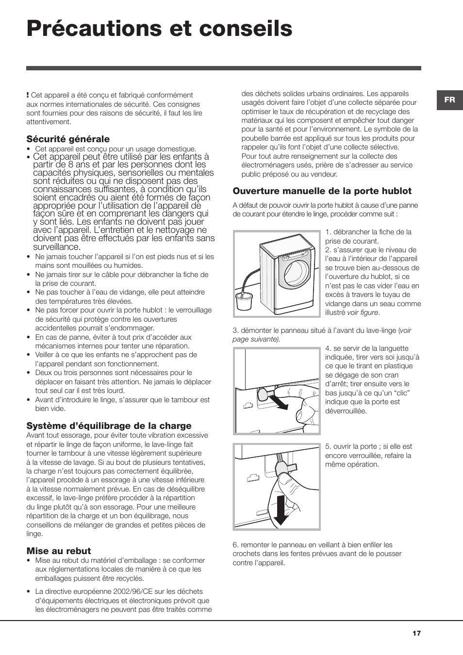 Précautions et conseils | Hotpoint Ariston Aqualtis AQ93F 69 EU User Manual | Page 17 / 60