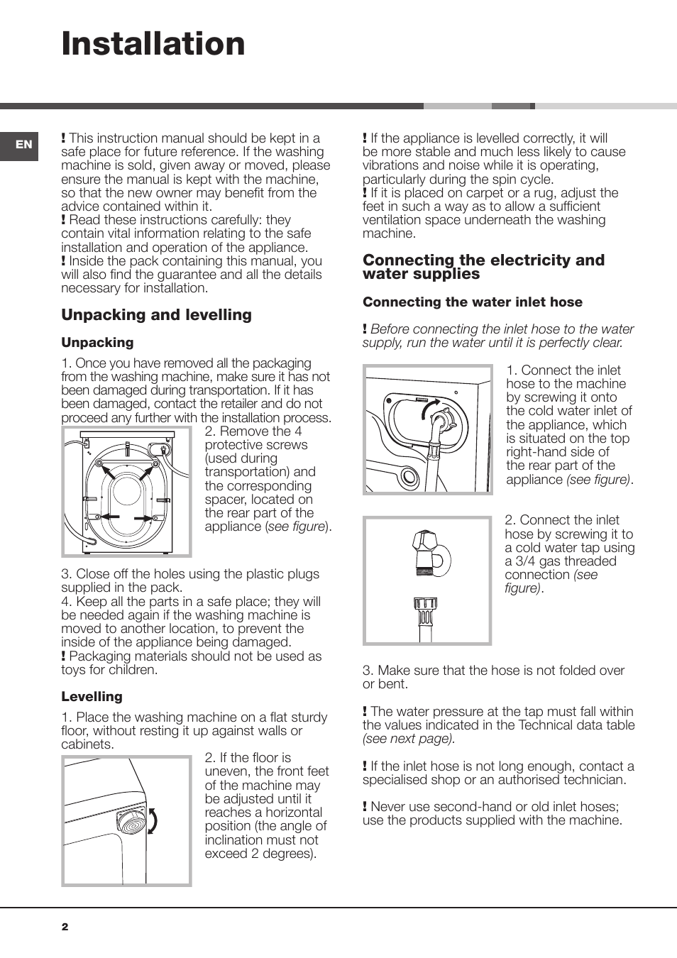 Installation | Hotpoint Ariston Aqualtis AQ93F 69 EU User Manual | Page 2 / 60