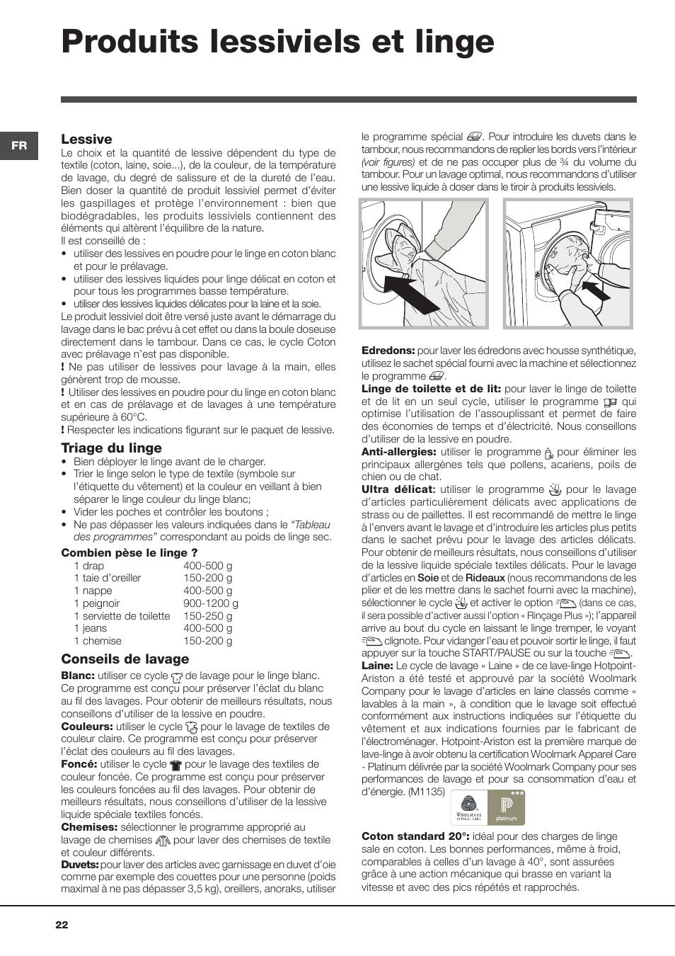 Produits lessiviels et linge, Lessive, Triage du linge | Conseils de lavage | Hotpoint Ariston Aqualtis AQ93F 69 EU User Manual | Page 22 / 60