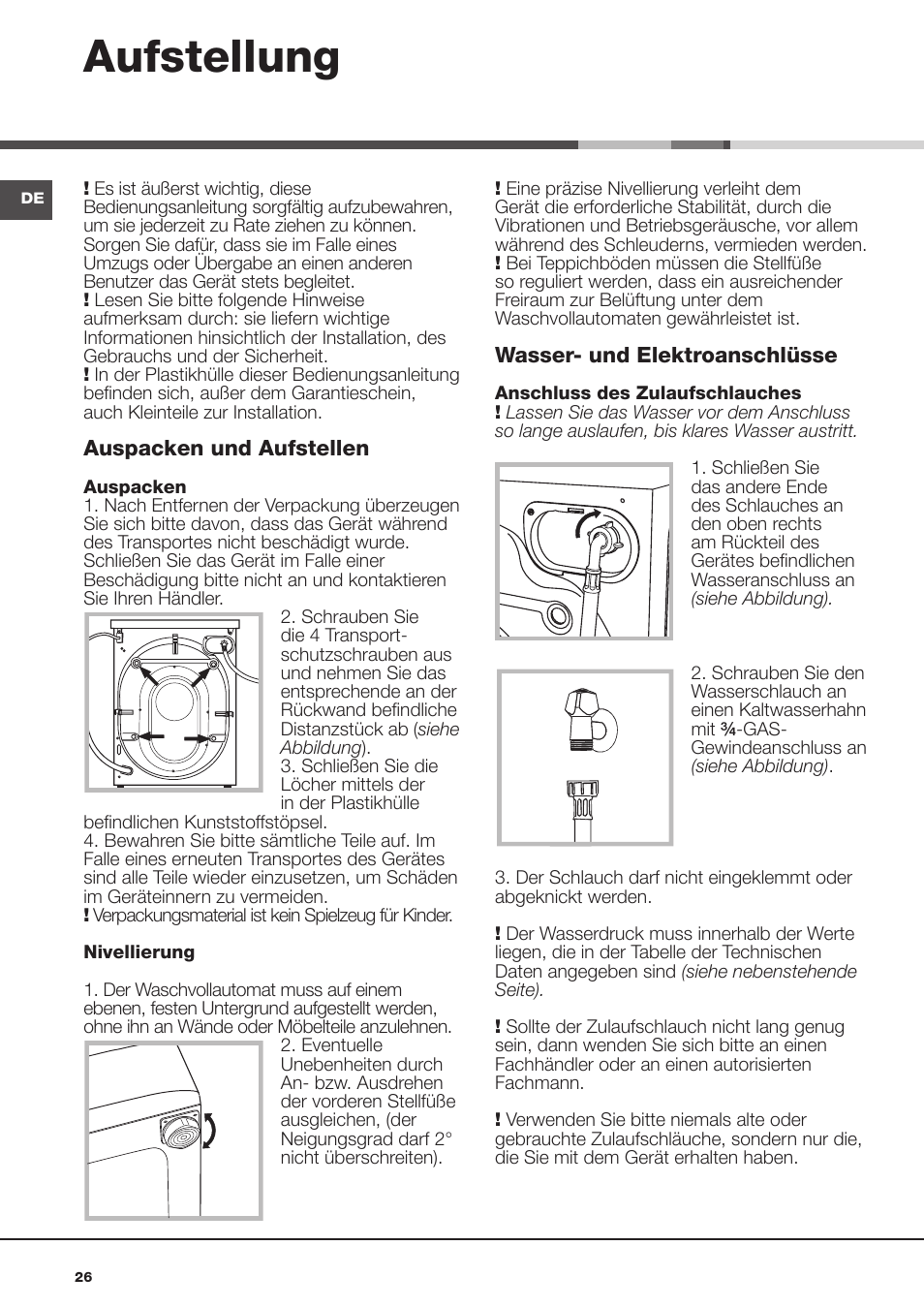 Aufstellung | Hotpoint Ariston Aqualtis AQ93F 69 EU User Manual | Page 26 / 60