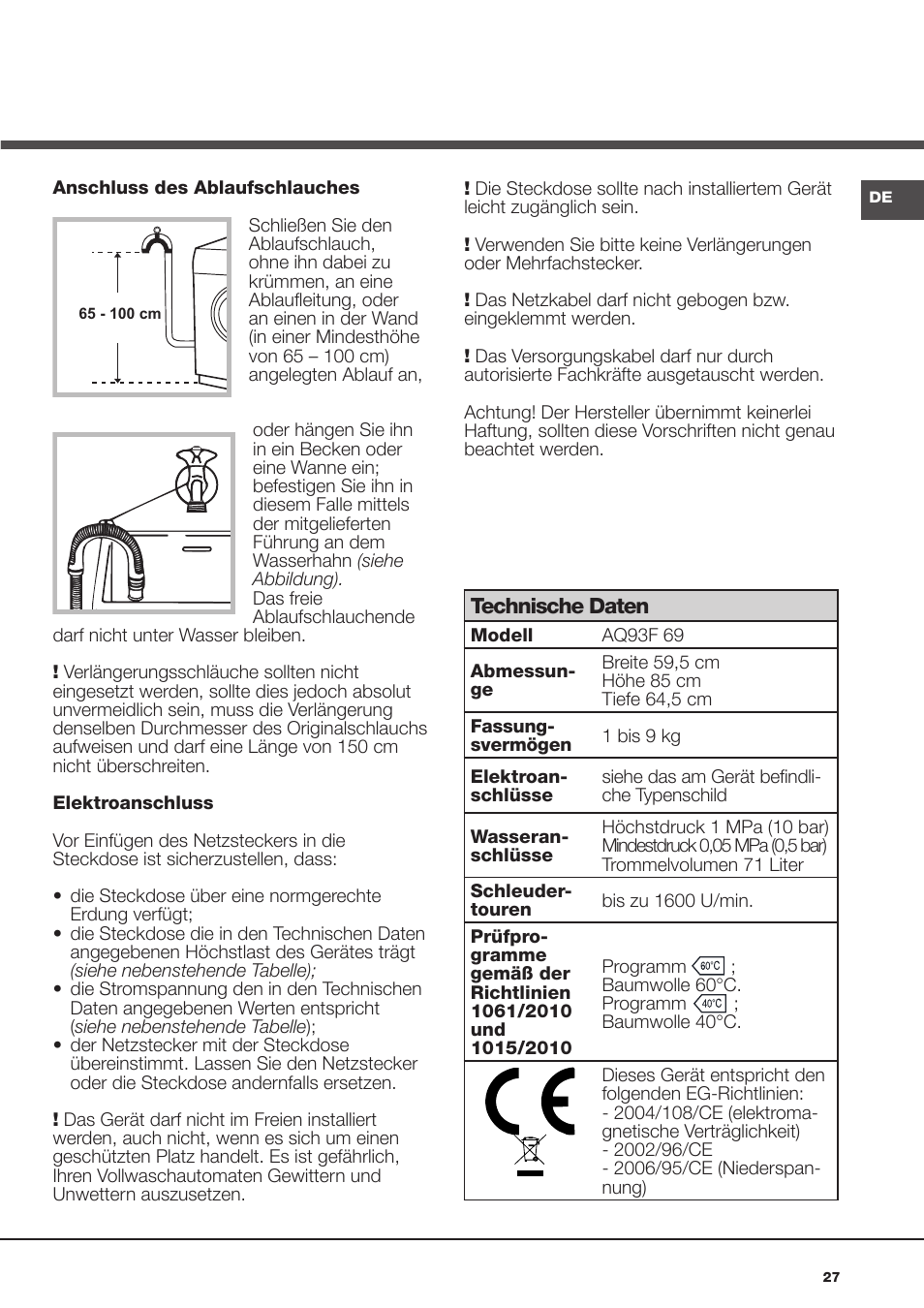 Hotpoint Ariston Aqualtis AQ93F 69 EU User Manual | Page 27 / 60