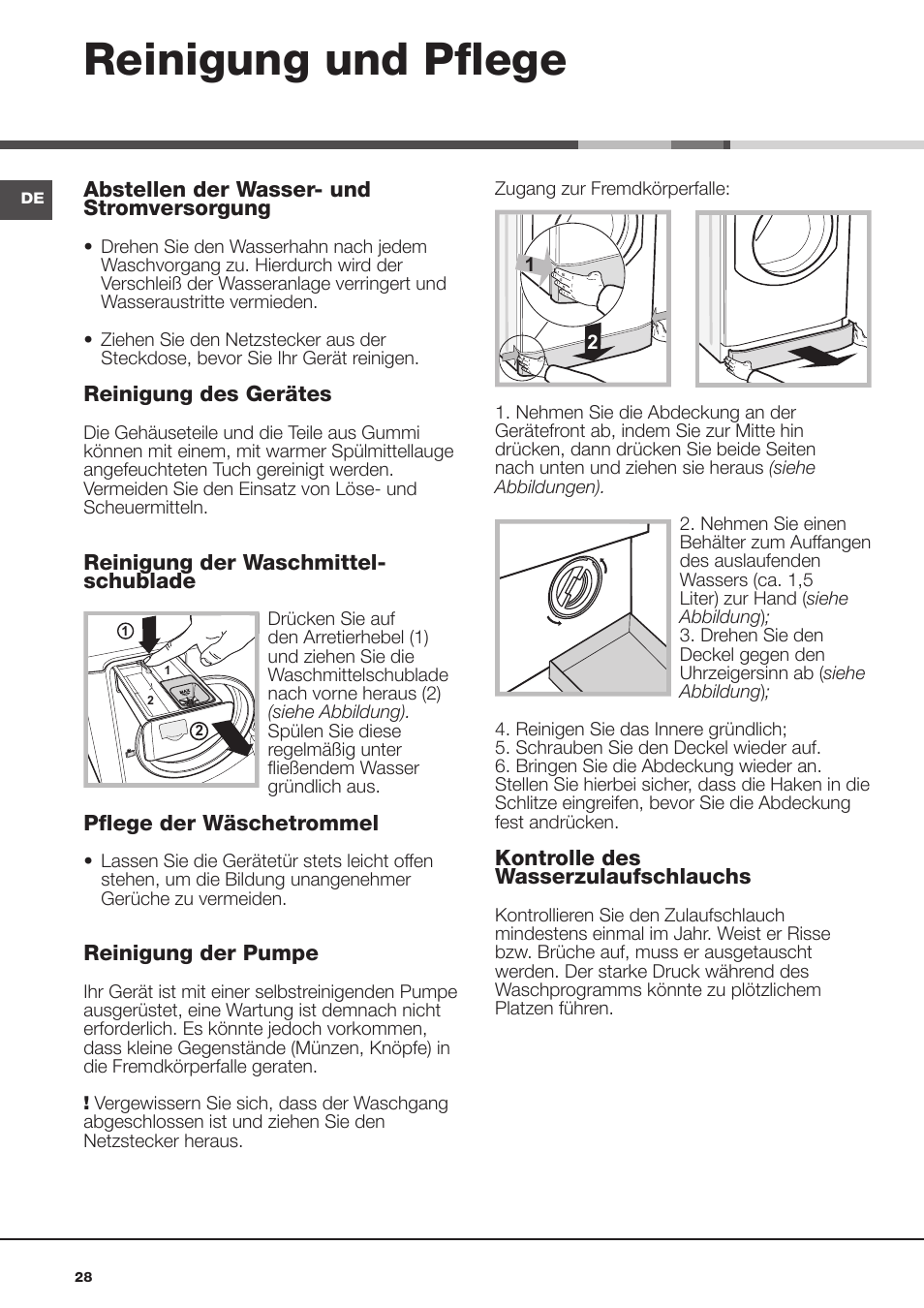 Reinigung und pflege | Hotpoint Ariston Aqualtis AQ93F 69 EU User Manual | Page 28 / 60