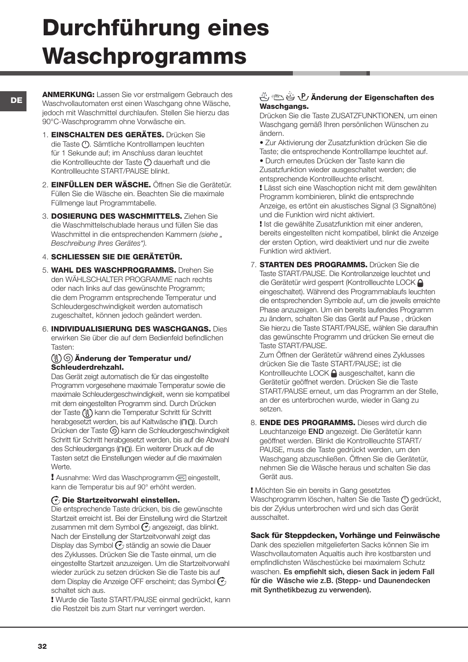 Durchführung eines waschprogramms | Hotpoint Ariston Aqualtis AQ93F 69 EU User Manual | Page 32 / 60