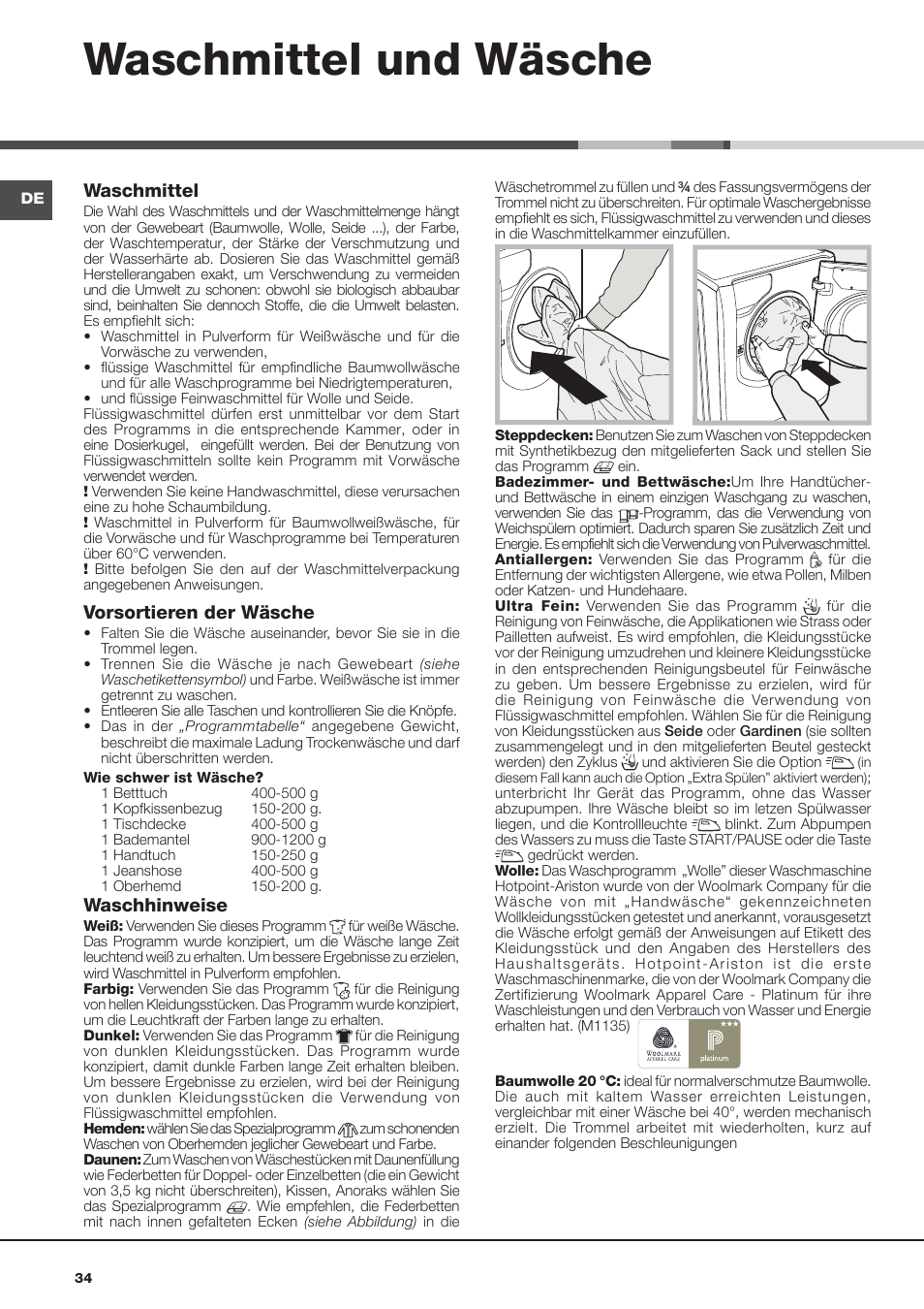 Waschmittel und wäsche, Waschmittel, Vorsortieren der wäsche | Waschhinweise | Hotpoint Ariston Aqualtis AQ93F 69 EU User Manual | Page 34 / 60