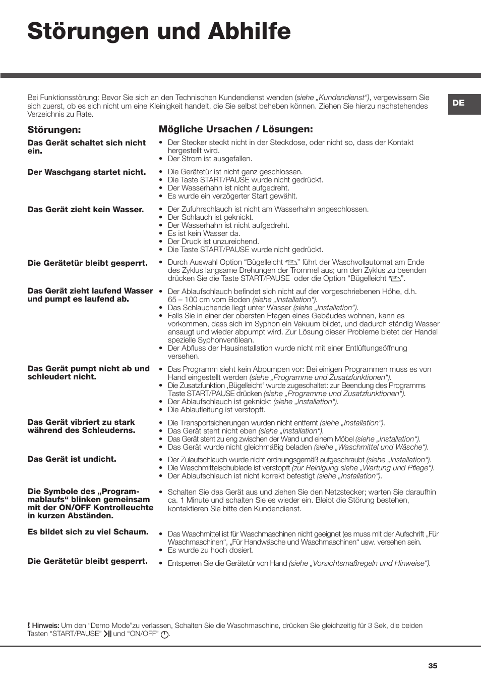 Störungen und abhilfe | Hotpoint Ariston Aqualtis AQ93F 69 EU User Manual | Page 35 / 60