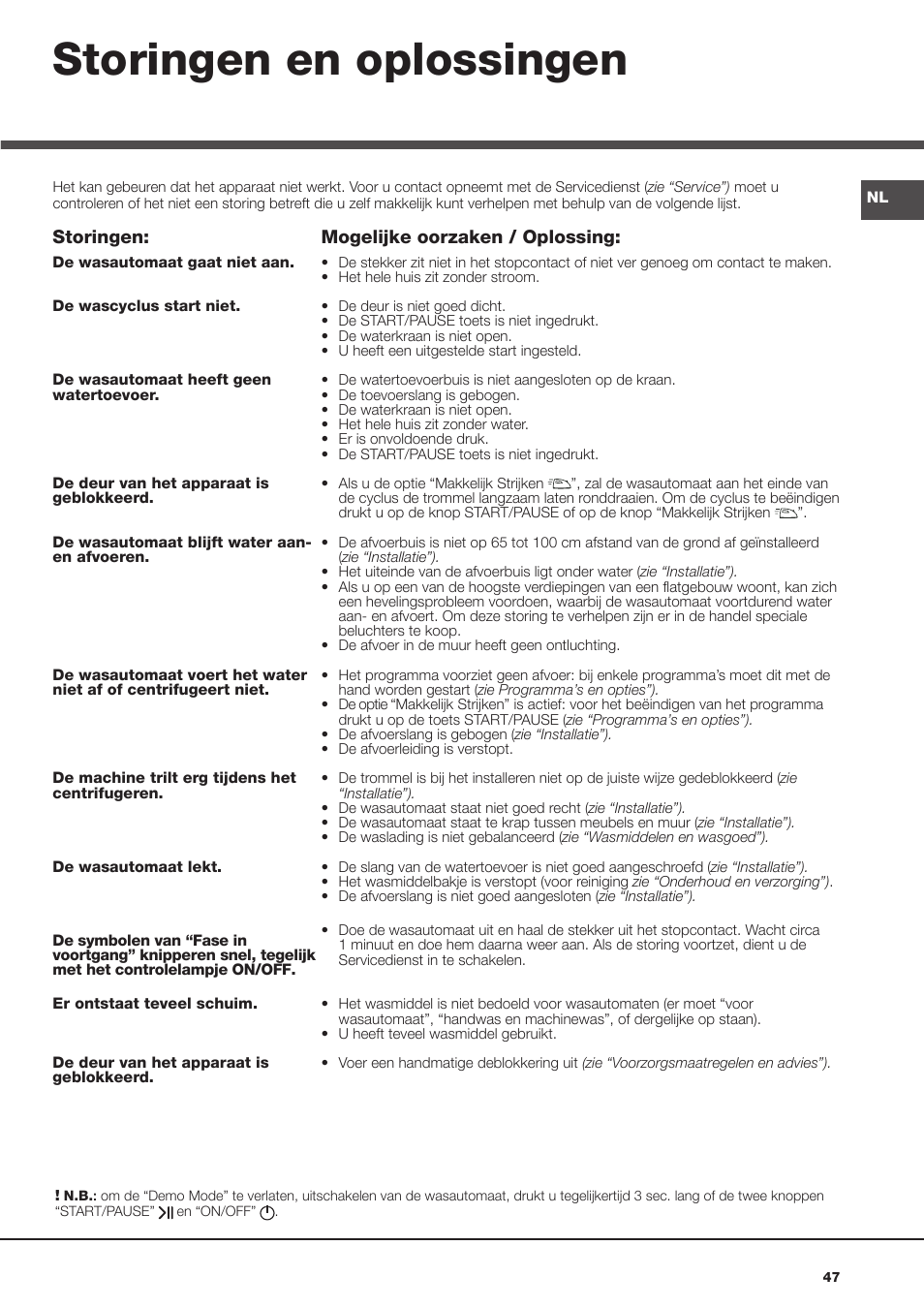 Storingen en oplossingen | Hotpoint Ariston Aqualtis AQ93F 69 EU User Manual | Page 47 / 60