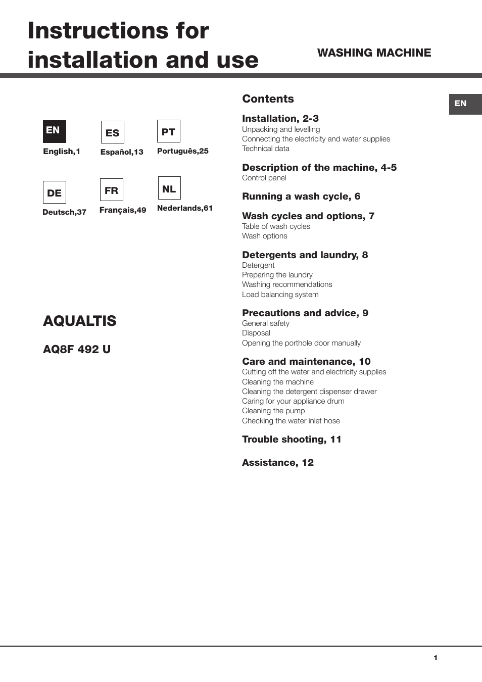 Hotpoint Ariston Aqualtis AQ8F 492 U (EU) User Manual | 72 pages