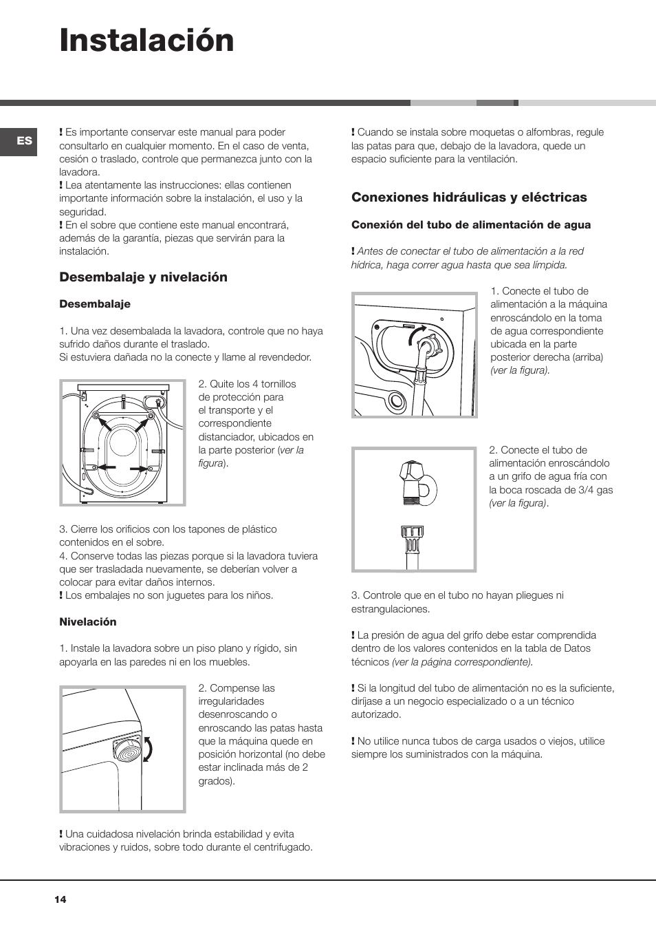 Instalación | Hotpoint Ariston Aqualtis AQ8F 492 U (EU) User Manual | Page 14 / 72