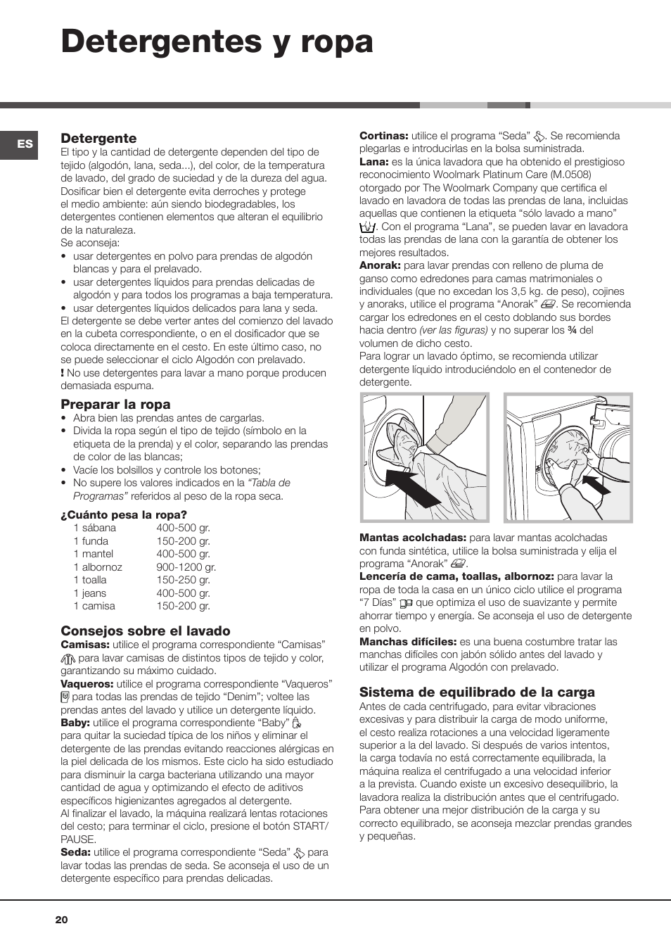 Detergentes y ropa | Hotpoint Ariston Aqualtis AQ8F 492 U (EU) User Manual | Page 20 / 72
