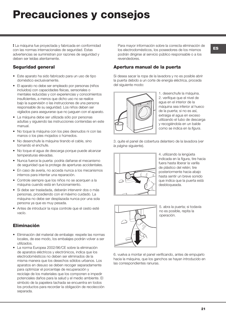 Precauciones y consejos | Hotpoint Ariston Aqualtis AQ8F 492 U (EU) User Manual | Page 21 / 72