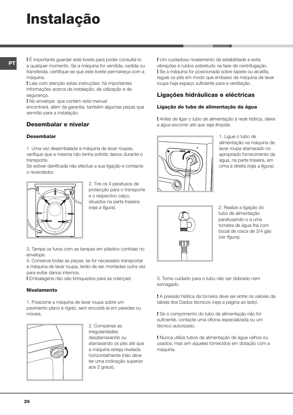 Instalação | Hotpoint Ariston Aqualtis AQ8F 492 U (EU) User Manual | Page 26 / 72