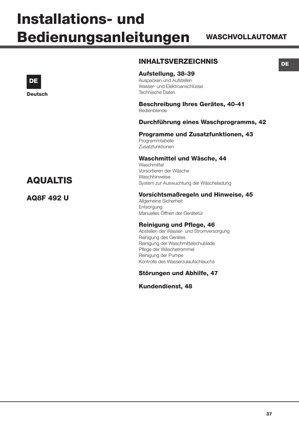 Installations- und bedienungsanleitungen, Aqualtis | Hotpoint Ariston Aqualtis AQ8F 492 U (EU) User Manual | Page 37 / 72