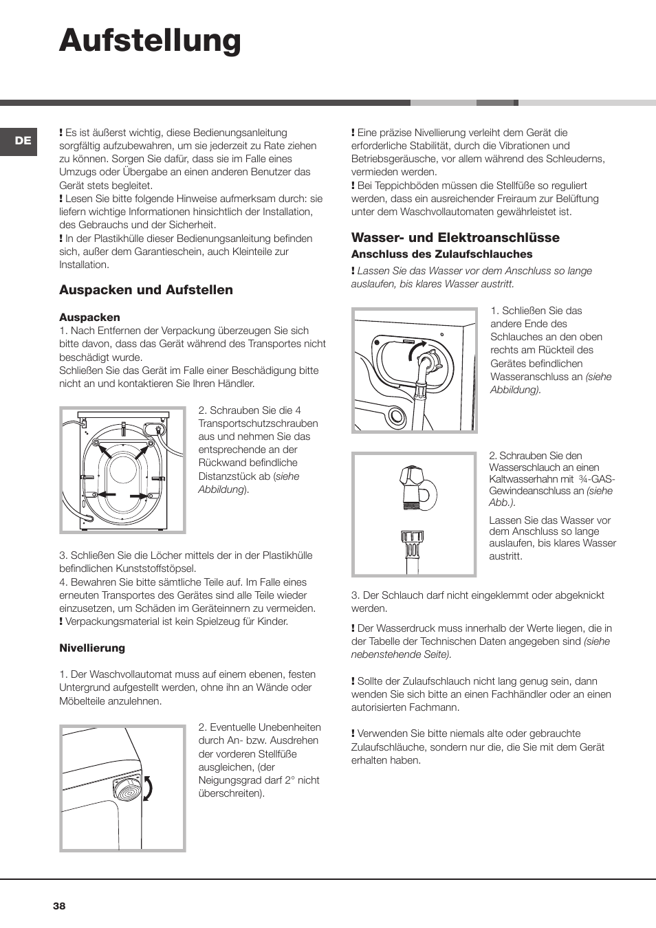 Aufstellung | Hotpoint Ariston Aqualtis AQ8F 492 U (EU) User Manual | Page 38 / 72