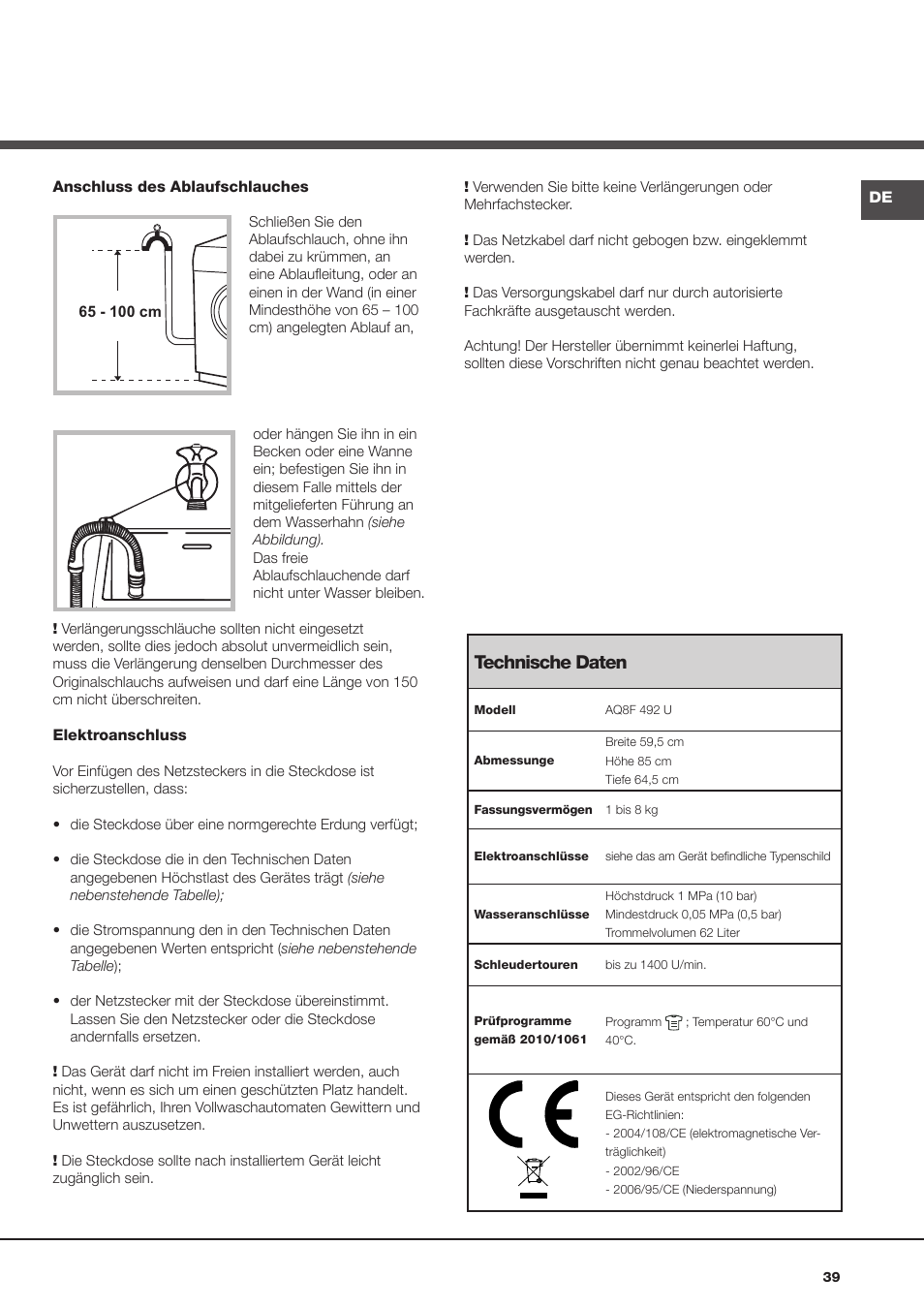 Technische daten | Hotpoint Ariston Aqualtis AQ8F 492 U (EU) User Manual | Page 39 / 72