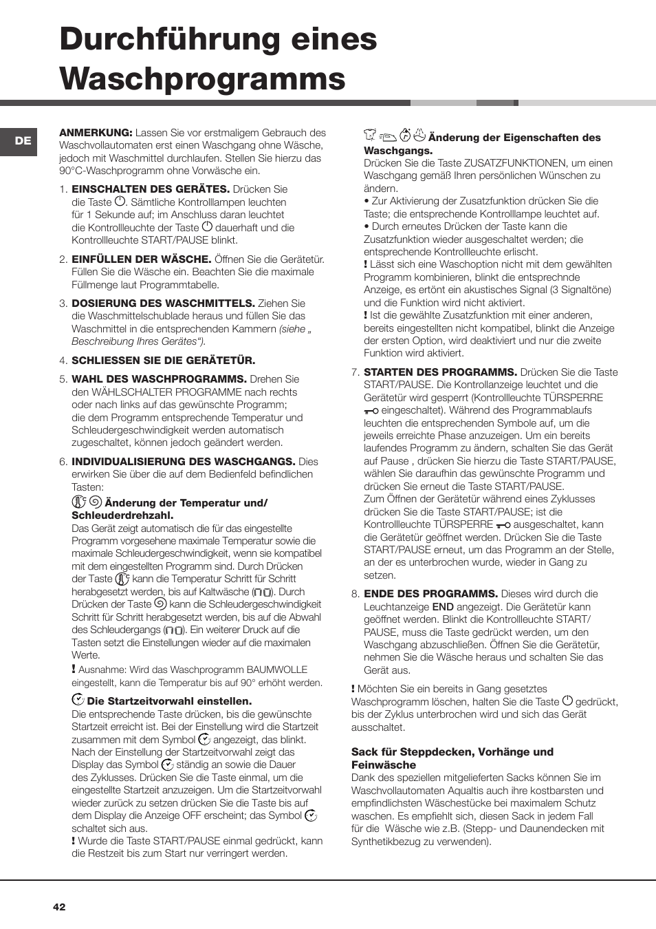 Durchführung eines waschprogramms | Hotpoint Ariston Aqualtis AQ8F 492 U (EU) User Manual | Page 42 / 72