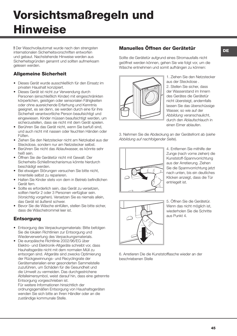 Vorsichtsmaßregeln und hinweise | Hotpoint Ariston Aqualtis AQ8F 492 U (EU) User Manual | Page 45 / 72