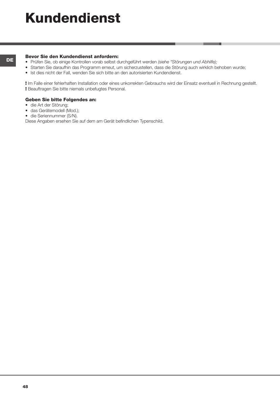 Kundendienst | Hotpoint Ariston Aqualtis AQ8F 492 U (EU) User Manual | Page 48 / 72