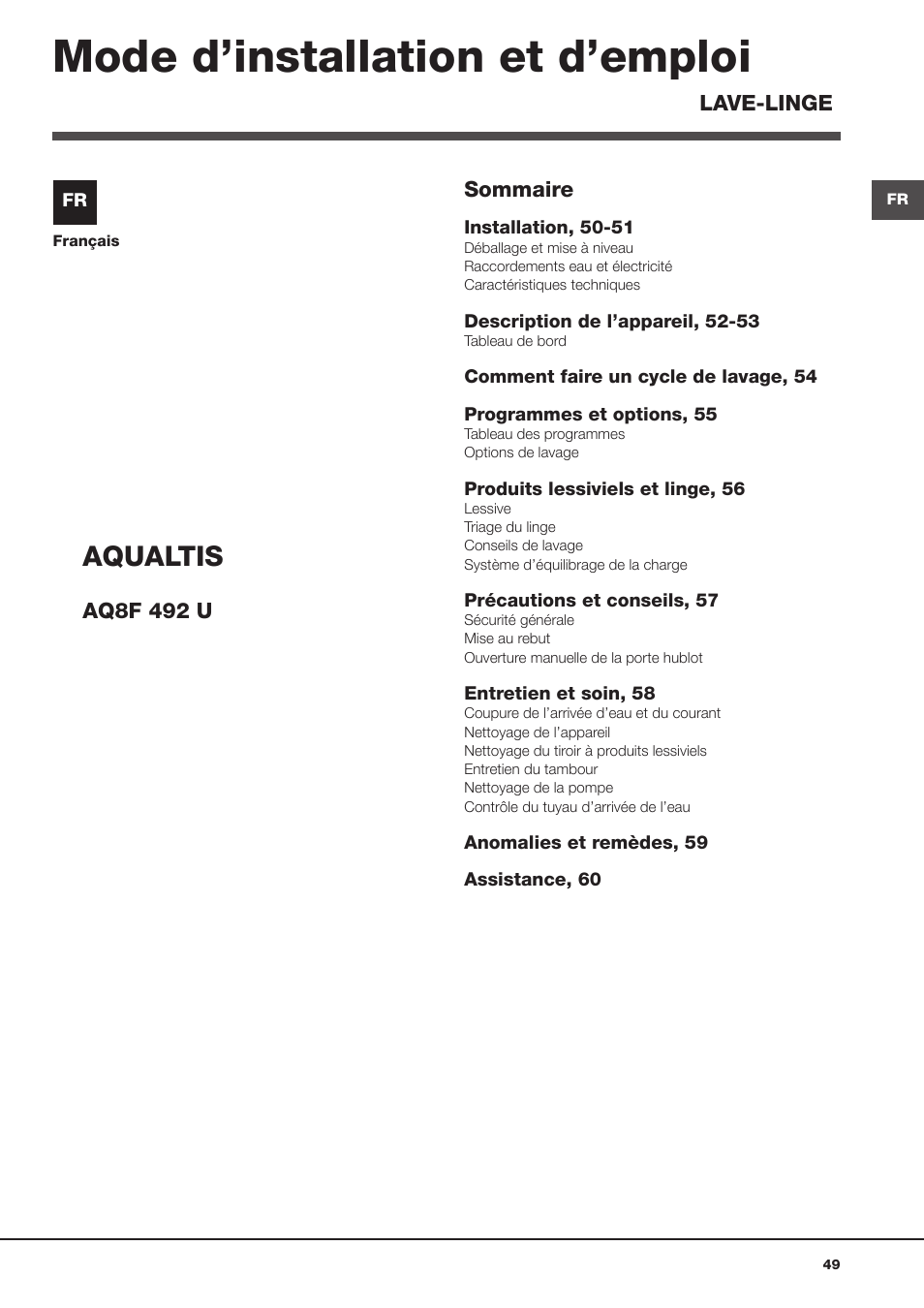 Mode d’installation et d’emploi, Aqualtis | Hotpoint Ariston Aqualtis AQ8F 492 U (EU) User Manual | Page 49 / 72